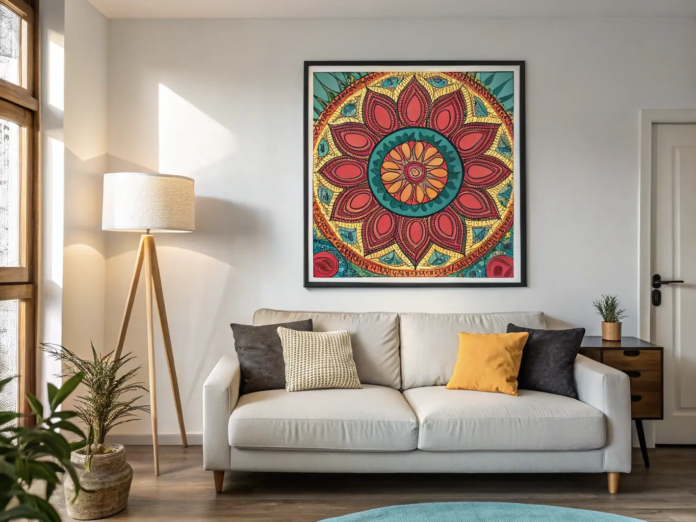 A detailed image of the Abstract Wall Art Canvas, highlighting its vibrant colors and dynamic brushstrokes, displayed in a contemporary living room setting.