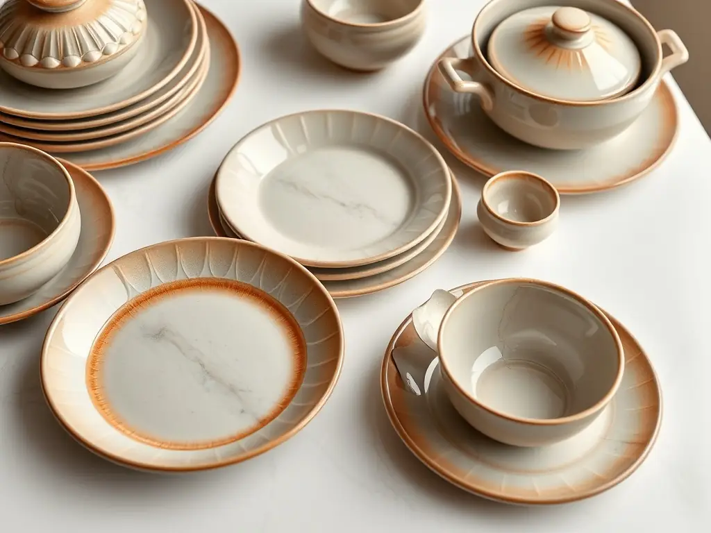 A close-up of the Porcelain Dinner Plate Set, showcasing its smooth white finish and elegant design, arranged on a modern dining table.