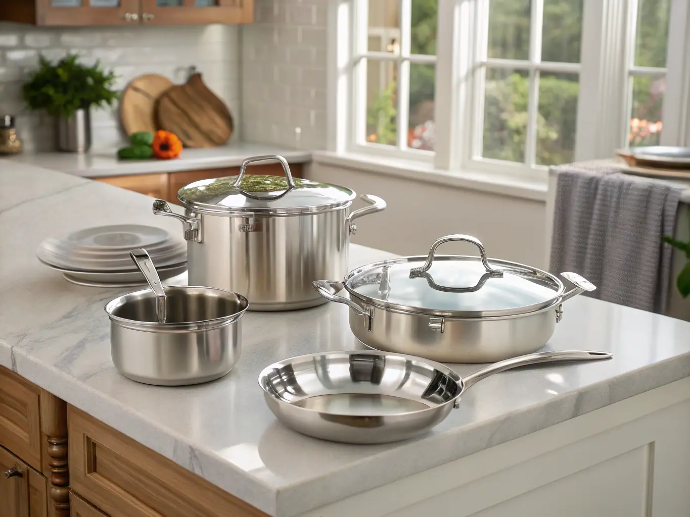 A close-up shot of the Stainless Steel Cookware Set, showcasing its polished finish and ergonomic handles, set against a modern kitchen backdrop.